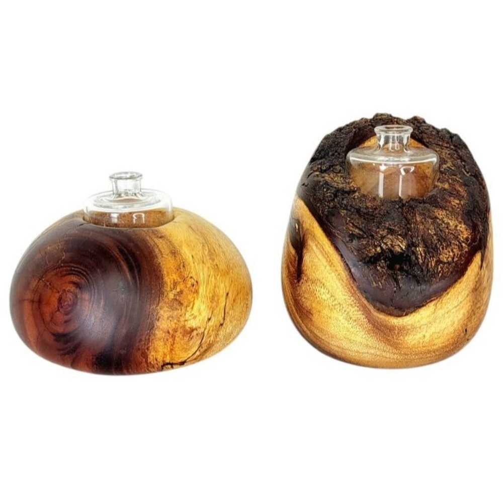 Vintage MCM KOA Wood Natural Edge Rustic Modernist Bud Vases Glass Insert Signed